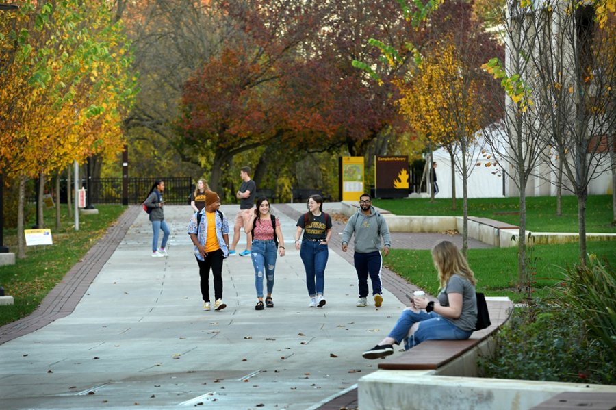 five female students walking along flowery pathway outdoors