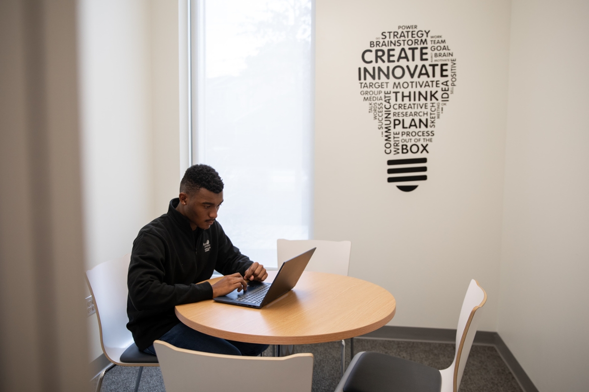 A student works on their laptop at a table next to a mural on the wall of a lightbulb.