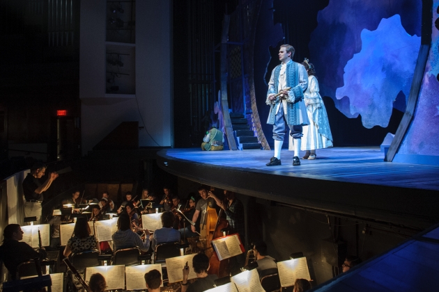 stage performance of actor and orchestra