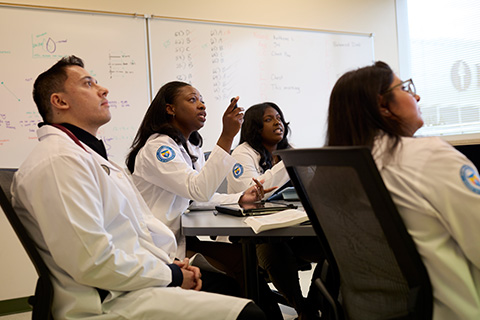 SOM students discuss a case in a PBL classroom